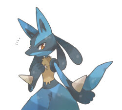 Rule 34 | 1other, animal ears, animal hands, arm at side, black fur, blue fur, body fur, closed mouth, cowboy shot, creatures (company), furry, game freak, gen 4 pokemon, hand on own chest, hand up, looking at viewer, lucario, multicolored fur, nintendo, notice lines, other focus, pokemon, pokemon (creature), red eyes, sideways mouth, simple background, snout, solo, spikes, standing, tail, thick thighs, thighs, towa (clonea), white background, wolf ears, wolf tail, yellow fur