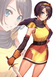 Rule 34 | 1girl, absurdres, belt, black hair, blue eyes, capelet, commentary request, crown, elbow gloves, gloves, gurugurere, highres, holding, holding sword, holding weapon, hololive, looking at viewer, oozora subaru, short hair, smile, sword, virtual youtuber, weapon, yellow tunic