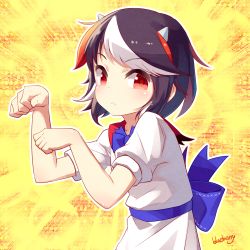 Rule 34 | 1girl, artist name, black hair, blueberry (5959), bow, dress, grey horns, horns, kijin seija, looking at viewer, multicolored hair, paw pose, red eyes, red hair, short hair, short sleeves, solo, streaked hair, touhou, white hair, yellow background