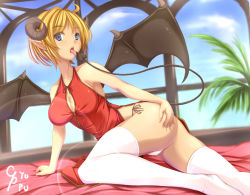Rule 34 | 1girl, ass, bat wings, bed sheet, blonde hair, blue eyes, blush, breasts, china dress, chinese clothes, cleavage, cleavage cutout, clothing cutout, cyoppu, demon girl, demon tail, dress, highres, horns, large breasts, licking, licking tail, open mouth, original, panties, pointy ears, sheep horns, short hair, solo, tail, thighhighs, tongue, tongue out, underwear, white panties, white thighhighs, wings