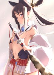 Rule 34 | 1girl, absurdres, armor, black hair, blue eyes, blue panties, blush, breasts, detached sleeves, fate/grand order, fate (series), highres, holding, holding sword, holding weapon, japanese armor, katana, kusazuri, long hair, looking at viewer, maosame, medium breasts, navel, panties, pom pom (clothes), revealing clothes, scabbard, sheath, side ponytail, solo, sword, underwear, unsheathing, ushiwakamaru (fate), very long hair, weapon