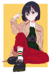 Rule 34 | 1girl, absurdres, beige jacket, black footwear, black hair, blouse, bow, camera, coat, collared shirt, dress shirt, earrings, gekijouban hibike! euphonium, glasses, green sweater, hair bow, hair ornament, hand up, hibike! euphonium, highres, hisaishi kanade, jacket, jewelry, knee up, long sleeves, looking at viewer, nail polish, pants, parted lips, red bow, red eyes, red pants, sakurayama (59 sakurayama), shirt, shoes, short hair, simple background, sitting, smile, socks, solo, sweater, trench coat, two-tone background, v, white background, white shirt, white socks, yellow background