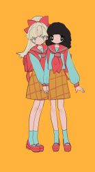 Rule 34 | 2girls, aqua shirt, aqua socks, bad id, bad twitter id, black eyes, black hair, blonde hair, bow, full body, green eyes, hair bow, highres, holding hands, inata17ta, long sleeves, multiple girls, neckerchief, original, ponytail, red bag, red bow, red footwear, red neckerchief, red sailor collar, sailor collar, shirt, shoes, simple background, smile, socks, standing, yellow background