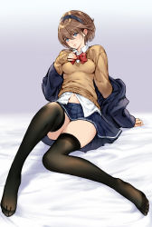 Rule 34 | 1girl, arm support, black thighhighs, blue eyes, blush, breasts, brown hair, ear blush, feet, hairband, hand on own chest, highres, lips, looking at viewer, makimura shunsuke, medium breasts, navel, no shoes, original, revision, school uniform, short hair, sitting, skirt, solo, sweater, thighhighs, toes, zettai ryouiki