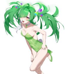Rule 34 | 1girl, absurdres, alternate costume, armpits, breasts, cleavage, collarbone, detached collar, girls&#039; frontline neural cloud, green footwear, green hair, green leotard, hair ornament, hair over one eye, high heels, highres, leotard, medium breasts, multicolored hair, open mouth, playboy bunny, rabbit tail, red eyes, ribu (rv), solo, strapless, strapless leotard, streaked hair, tail, twintails, zangyin (neural cloud)