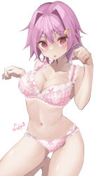 Rule 34 | 1girl, absurdres, barefoot, blush, bra, breasts, cleavage, collarbone, haggy, hair between eyes, hair intakes, hair ornament, highres, kantai collection, large breasts, navel, open mouth, panties, pink bra, pink hair, pink panties, red eyes, short hair, simple background, solo, tama (kancolle), twitter username, underwear, underwear only, white background