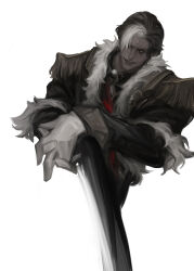 Rule 34 | &gt;:), 1boy, black coat, brown hair, coat, commentary, cropped torso, earrings, emet-selch, epaulettes, final fantasy, final fantasy xiv, fringe trim, fur-trimmed coat, fur trim, garlean, gloves, hair over one eye, highres, interlocked fingers, jewelry, long sleeves, looking at viewer, male focus, multicolored hair, no lineart, one eye covered, own hands together, painterly, parted lips, shawnstaw, short hair, simple background, smudge, solo, third eye, two-tone hair, upper body, v-shaped eyebrows, white background, white gloves, white hair, yellow eyes