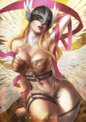 Rule 34 | 1girl, absurdres, angel wings, angewomon, armor, armpits, asymmetrical clothes, bikini armor, breasts, chest strap, cleavage, covered eyes, detached sleeves, digimon, digimon (creature), digimon adventure, feathered wings, hagoromo, helmet, highres, holy ring, large breasts, lips, long hair, monori rogue, multiple wings, nail polish, narrow waist, navel, o-ring, o-ring strap, shawl, single detached sleeve, single pantsleg, solo, thick thighs, thigh strap, thighs, white wings, winged helmet, wings, wrist wings