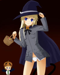 Rule 34 | 2girls, bad id, bad pixiv id, basket, bat wings, blonde hair, blood, blue eyes, catocala, cloak, food, glasses, halloween, hat, helma lennartz, long hair, military, military uniform, multiple girls, panties, pumpkin, ribbon, short hair, strike witches, strike witches: suomus misfits squadron, sweets, tail, underwear, uniform, ursula hartmann, white panties, wings, witch hat, world witches series