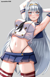 Rule 34 | 1girl, absurdres, black neckerchief, black panties, blue sailor collar, blue skirt, breasts, cosplay, cowboy shot, crop top, elbow gloves, fuyutsuki (kancolle), gloves, gluteal fold, grey background, grey hair, headband, highleg, highleg panties, highres, kantai collection, large breasts, leaning back, long hair, looking at viewer, microskirt, miniskirt, mizuki (uzuki no sato), neckerchief, one-hour drawing challenge, one side up, panties, pleated skirt, sailor collar, shimakaze (kancolle), shimakaze (kancolle) (cosplay), shirt, simple background, skirt, sleeveless, sleeveless shirt, solo, standing, striped clothes, striped thighhighs, thighhighs, twitter username, underwear, white gloves, white headband