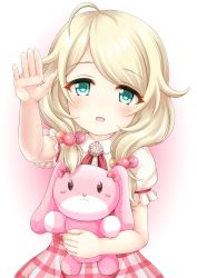 Rule 34 | 1girl, :d, ahoge, arm up, blonde hair, blush, bow, collared shirt, commentary request, dress shirt, fingernails, green eyes, hair bobbles, hair ornament, hair over shoulder, highres, idolmaster, idolmaster cinderella girls, long hair, looking at viewer, low twintails, hugging object, open mouth, plaid, plaid skirt, puffy short sleeves, puffy sleeves, red bow, red ribbon, red skirt, regular mow, ribbon, shirt, short sleeves, skirt, smile, solo, stuffed animal, stuffed rabbit, stuffed toy, twintails, white shirt, yusa kozue