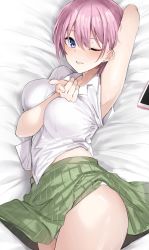 Rule 34 | 1girl, ;), absurdres, arm behind head, arm between breasts, arm up, armpits, bed sheet, between breasts, blue eyes, breasts, cellphone, collared shirt, facing viewer, go-toubun no hanayome, green skirt, hair between eyes, highres, large breasts, looking at viewer, lying, nakano ichika, on back, one eye closed, phone, piercing, pink hair, pointing, pointing at viewer, shengtian, shirt, short hair, skirt, smartphone, smile, solo, sweat, teeth, thighs, white shirt