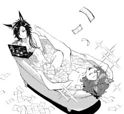 Rule 34 | 2girls, air shakur (umamusume), animal ears, banknote, barefoot, bathing, bathtub, breasts, cleavage, closed eyes, closed mouth, completely nude, computer, expressionless, eyebrow piercing, greyscale, highres, horse ears, laptop, long hair, money, money bath, monochrome, multiple girls, nayuta ggg, nude, piercing, same-sex bathing, shared bathing, short hair, sitting, small breasts, smile, sparkle, tap dance city (umamusume), toes, umamusume
