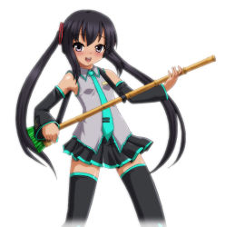 Rule 34 | black eyes, black hair, broom, cosplay, hatsune miku, hatsune miku (cosplay), hayashiya zankurou, highres, k-on!, long hair, nakano azusa, necktie, solo, thighhighs, twintails, unconventional guitar, vocaloid, zettai ryouiki