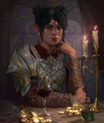 Rule 34 | 1girl, absurdres, armor, bbergolts, black hair, candle, candlestand, circlet, coin, coin purse, cup, double bun, drinking glass, earrings, elf, fire, gold coin, hair bun, highres, indoors, jewelry, looking at viewer, original, pointy ears, potion, red wine, scar, scar on face, scar on nose, sitting, solo, table, upper body, wine, wine glass