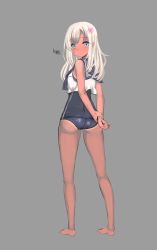 Rule 34 | 10s, 1girl, absurdres, arms behind back, ass, bad id, bad pixiv id, barefoot, blonde hair, blue eyes, crop top, flower, from behind, grey background, hair flower, hair ornament, highres, kantai collection, long hair, looking at viewer, looking back, one-piece swimsuit, ro-500 (kancolle), school swimsuit, siricue, solo, swimsuit, swimsuit under clothes, tan, tanline