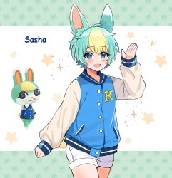 Rule 34 | 1boy, animal crossing, animal ears, aqua hair, blonde hair, blue eyes, blue jacket, blush, character name, cowboy shot, green background, hand up, highres, jacket, jirafuru, letterboxed, letterman jacket, long sleeves, looking at viewer, male focus, multicolored hair, nintendo, open mouth, personification, rabbit boy, rabbit ears, rabbit tail, sasha (animal crossing), short shorts, shorts, smile, sparkle, star (symbol), tail, two-tone hair, waving, white background, white shorts