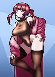 Rule 34 | 1girl, armpits, blue background, breasts, brown leotard, brown thighhighs, covered navel, eron, hand on own hip, hand on own knee, heterochromia, highres, hololive, houshou marine, large breasts, leotard, open clothes, open robe, red eyes, red hair, robe, short hair with long locks, simple background, smile, smug, solo, thighhighs, twintails, virtual youtuber, yellow eyes