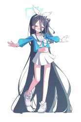 Rule 34 | 1girl, 525 woiwo, absurdly long hair, absurdres, aqua halo, aris (blue archive), arona (blue archive), arona (blue archive) (cosplay), black hair, blue archive, choker, closed eyes, cosplay, full body, green halo, halo, highres, long hair, long sleeves, navel, one side up, open mouth, outstretched arms, pleated skirt, rectangular halo, sailor collar, shoes, simple background, skirt, smile, solo, spread arms, very long hair, white background, white choker, white footwear, white sailor collar, white skirt