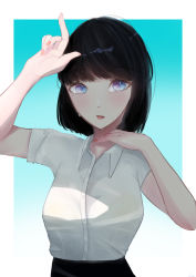 Rule 34 | 1girl, absurdres, aqua background, black hair, black skirt, blue eyes, bob cut, bra visible through clothes, bralines, commentary, dress shirt, gradient background, hair strand, hand on own chin, hand to forehead, hei e-, highres, index finger raised, kanro iro, looking at viewer, nail polish, original, outside border, pink nails, see-through, shirt, short hair, short sleeves, skirt, sweat, sweatdrop, upper body, wet, wet clothes, wet shirt, white shirt
