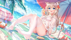 Rule 34 | 1girl, animal ear fluff, animal ears, beach, beach towel, beach umbrella, bikini, bikini under clothes, blue eyes, blush, brown hair, cat ears, cat girl, cat tail, chinese commentary, choker, commentary request, copyright request, crab, cup, day, feet, flower, food, fruit, full body, hair between eyes, hair flower, hair ornament, halterneck, holding, holding cup, innertube, knees up, long hair, long sleeves, lotion bottle, no shoes, off-shoulder shirt, off shoulder, open mouth, outdoors, palm leaf, red choker, red flower, red ribbon, ribbon, sannio, see-through, shirt, side-tie bikini bottom, sitting, smile, soles, solo, string bikini, striped bikini, striped clothes, swim ring, swimsuit, tail, tail ornament, tail raised, tail ribbon, thighhighs, toes, towel, tropical drink, umbrella, virtual youtuber, watermelon, watermelon slice, white shirt, white thighhighs