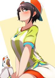 Rule 34 | 1girl, backwards hat, baseball cap, between legs, black hair, blue eyes, blush, breasts, closed mouth, commentary, cowboy shot, from side, hand between legs, hat, highres, hololive, looking at viewer, medium breasts, oozora subaru, oozora subaru (1st costume), shirt, short hair, shorts, simple background, sitting, solo, striped clothes, striped shirt, subaru duck, tied shirt, two-tone shirt, vertical-striped clothes, vertical-striped shirt, virtual youtuber, whistle, whistle around neck, white shirt, white shorts, yamaki (yamaki801), yellow background, yellow shirt