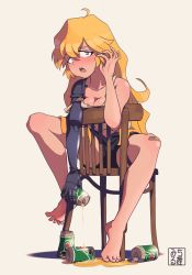Rule 34 | 1girl, absurdres, alcohol, bad id, bad pixiv id, bandaid, bandaid on knee, bandaid on leg, beer, blonde hair, blush, breast press, breasts, chair, cleavage, drunk, freckles, grey eyes, highres, long hair, looking at viewer, michirutnk, on chair, open fly, open mouth, original, pouring, prosthesis, prosthetic arm, short shorts, shorts, simple background, sitting, sitting backwards, solo, spread legs, tank top, white background