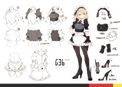 Rule 34 | 1girl, apron, arm strap, armor, black footwear, black gloves, black pantyhose, blonde hair, blue eyes, braid, braided bangs, breastplate, breasts, character name, collared shirt, cropped jacket, fingerless gloves, french braid, full body, g36 (girls&#039; frontline), g36 (mod3) (girls&#039; frontline), girls&#039; frontline, gloves, head tilt, high heels, highres, imoko (imonatsuki), juliet sleeves, long sleeves, looking at viewer, maid, maid apron, maid headdress, medium breasts, medium hair, midriff, mod3 (girls&#039; frontline), multiple views, navel, neck ribbon, pantyhose, puffy sleeves, red ribbon, ribbon, shirt, sidelocks, skirt, sleeve cuffs, sleeves rolled up, thigh strap, tsurime, waist apron, weapon, wing collar