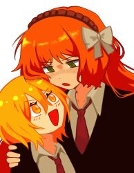 2girls black_coat black_vest blush bow brown_hairband coat collared_shirt don_quixote_(project_moon) funnibunni green_eyes hair_bow hairband height_difference ishmael_(project_moon) limbus_company long_hair multiple_girls necktie open_mouth orange_hair project_moon red_necktie rope shirt short_hair sidelocks smile very_long_hair vest white_bow white_shirt