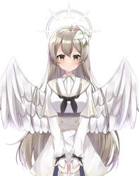 Rule 34 | 1girl, angel wings, black bow, black neckerchief, blue archive, bow, closed mouth, dress, feathered wings, flower, hair flower, hair ornament, halo, highres, layered sleeves, light blush, light brown hair, long hair, long sleeves, looking at viewer, murase48, nagisa (blue archive), nagisa (blue archive), neckerchief, sailor collar, simple background, sleeve bow, smile, solo, white background, white dress, white flower, white sailor collar, white wings, wings, yellow eyes