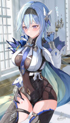 Rule 34 | 1girl, absurdres, arm up, asymmetrical hair, black hairband, blue gloves, blue hair, blue necktie, blush, breasts, bug bite, cape, closed mouth, covered navel, eula (genshin impact), genshin impact, gloves, hair ornament, hairband, hickey, highres, indoors, kabu usagi, large breasts, leotard, necktie, purple eyes, skindentation, solo, thighhighs, thighs, window