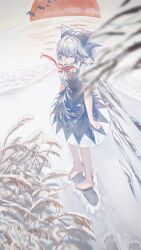 Rule 34 | 1girl, absurdres, barefoot, blue bow, blue dress, blue eyes, blue hair, bow, cirno, cirno day, closed mouth, collared shirt, commentary, dress, fairy, footprints, hair bow, highres, ice, ice wings, pinafore dress, shirt, short hair, short sleeves, sleeveless, sleeveless dress, sly930105, solo, standing, symbol-only commentary, touhou, white shirt, wings
