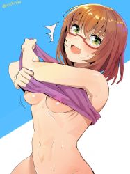 Rule 34 | 10s, 1girl, ^^^, bad id, bad pixiv id, bang dream!, blush, bottomless, breasts, brown hair, clothes lift, glasses, head tilt, lifted by self, looking over eyewear, medium breasts, motion lines, navel, no bra, nochita shin, open mouth, out-of-frame censoring, semi-rimless eyewear, shirt, shirt lift, short hair, solo, sweat, twitter username, underboob, undressing, yamato maya