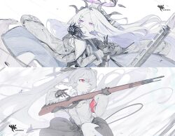 Rule 34 | 2girls, ahoge, black coat, black gloves, black horns, black skirt, black tail, blue archive, bolt action, breasts, coat, coat on shoulders, collared shirt, demon horns, demon tail, ggymj, gloves, grey hair, grey halo, gun, hair over one eye, halo, highres, hina (blue archive), holding, holding gun, holding weapon, horns, iori (blue archive), long hair, long sleeves, machine gun, mauser 98, medium breasts, mg42, multiple girls, multiple horns, open mouth, parted bangs, purple eyes, red eyes, rifle, shirt, simple background, skirt, tail, twintails, upper body, very long hair, weapon, white background, white hair, white shirt