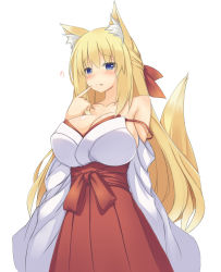 10s 1girl :p animal_ears bad_id bad_pixiv_id bare_shoulders blonde_hair blue_eyes blush breasts cleavage collarbone female_focus fox_ears fox_tail hair_ribbon hakama hakama_skirt highres huge_breasts japanese_clothes kosen_dream large_breasts long_hair looking_at_viewer miko neptune_(series) red_hakama ribbon simple_background skirt smile solo strap_slip tail tongue tongue_out vert_(neptunia) white_background