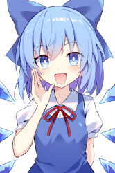 Rule 34 | 1girl, blue bow, blue dress, blue eyes, blue hair, blush, bow, cirno, collared shirt, detached wings, dress, e.o., fairy, hair bow, highres, ice, ice wings, looking at viewer, open mouth, puffy short sleeves, puffy sleeves, shirt, short hair, short sleeves, simple background, smile, solo, touhou, upper body, white background, white shirt, wings
