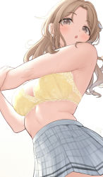 Rule 34 | 1girl, armpits, bare shoulders, bra, breasts, brown eyes, brown hair, from below, hair bun, hair ribbon, highres, ichikawa hinana, idolmaster, idolmaster shiny colors, kijibato 123-gou, lace, lace-trimmed bra, lace trim, large breasts, long hair, open mouth, parted bangs, plaid, plaid skirt, pleated skirt, ribbon, single hair bun, single side bun, skirt, solo, stretching, sweat, underwear, yellow bra