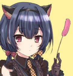 Rule 34 | 1girl, animal ears, black gloves, black hair, blush, bow, cat ears, cat teaser, closed mouth, frills, gloves, hairband, idolmaster, idolmaster shiny colors, kuroi mimei, long sleeves, looking at viewer, low twintails, morino rinze, necktie, polka dot, red eyes, red ribbon, ribbon, scrunchie, short hair, short sleeves, simple background, solo, twintails, yellow background, yellow ribbon