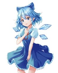 Rule 34 | 1girl, absurdres, annoyed, bad id, bad pixiv id, blue dress, blue eyes, blue hair, blue ribbon, bow, cirno, dress, fairy wings, frilled skirt, frills, hair bow, hand on own chest, highres, ice, ice wings, nankam, pointy ears, puffy short sleeves, puffy sleeves, red ribbon, ribbon, shirt, short hair, short sleeves, skirt, solo, touhou, wavy hair, white background, white shirt, wing collar, wings