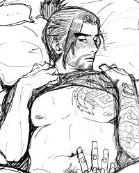 Rule 34 | 1boy, bad id, bad twitter id, bara, beard, cassidy (overwatch), character request, check character, clothes lift, facial hair, hanzo (overwatch), lying, male focus, monochrome, multiple boys, muscular, nipples, overwatch, overwatch 1, park cok, pectorals, pov, shirt lift, sitting, sitting on person, tattoo, undressing, yaoi