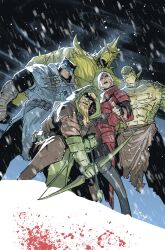 Rule 34 | 1girl, 4boys, blonde hair, blood, boots, character request, comic cover, dagger, dc comics, gloves, green arrow (series), green hood, helmet, highres, killer croc, kjlbs, knife, long hair, male focus, multiple boys, official art, oliver queen, red arrow, swamp thing, weapon, western comics (style)