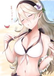 Rule 34 | 1girl, :o, absurdres, bare shoulders, beach, bikini, breasts, cleavage, closed eyes, commentary request, corrin (female) (fire emblem), corrin (female) (summer) (fire emblem), corrin (fire emblem), fire emblem, fire emblem fates, fire emblem heroes, flower, grey hair, hair flower, hair ornament, hairband, highres, large breasts, long hair, navel, nenemu0, nintendo, official alternate costume, open mouth, partial commentary, pointy ears, sand, solo, swimsuit, translated, waist ribbon, white bikini