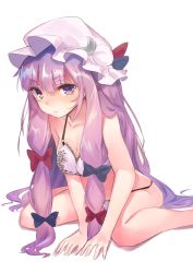 Rule 34 | 1girl, asuzemu, bare legs, blue bow, bow, bra, crescent, crescent hair ornament, hair bow, hair ornament, hat, leaning forward, long hair, looking at viewer, mob cap, panties, patchouli knowledge, pink hat, purple eyes, purple hair, red bow, sidelocks, simple background, sitting, sketch, solo, touhou, underwear, underwear only, very long hair, white background