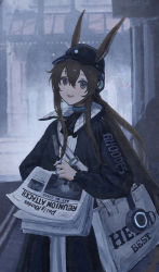 Rule 34 | 1girl, amiya (arknights), amiya (newsgirl) (arknights), animal ears, arknights, ascot, bag, bagml, blue ascot, blue coat, blue collar, blue eyes, brown hair, building, clothes writing, coat, collar, cowboy shot, english text, highres, holding, holding newspaper, implied extra ears, jewelry, long hair, long sleeves, looking at viewer, multiple rings, neck ring, newspaper, official alternate costume, open mouth, outdoors, rabbit ears, rabbit girl, ring, shirt, shoulder bag, smile, solo, white shirt