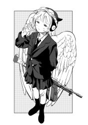 1girl angel_wings bag bandaid blazer closed_mouth collared_shirt full_body goggles goggles_on_headwear greyscale gun hat highres inushima_(k_z_i_t_) jacket light_machine_gun long_hair looking_at_viewer machine_gun monochrome necktie original pleated_skirt school_bag shirt shoes skirt solo v weapon weapon_behind_back weapon_request white_background wings