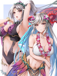Rule 34 | 2girls, alternate costume, arm up, armlet, armpits, bikini, black one-piece swimsuit, blue hair, bracelet, breasts, cleavage, collarbone, commentary, curled horns, facial mark, fairy, fairy wings, female focus, fire emblem, fire emblem heroes, flower, flower necklace, forehead mark, freyja (fire emblem), goat horns, grey hair, hair flower, hair ornament, horns, jewelry, large breasts, long hair, looking at viewer, midriff, multicolored hair, multiple girls, navel, necklace, nintendo, official alternate costume, one-piece swimsuit, pelvic curtain, pink flower, plumeria (fire emblem), ponytail, red eyes, red horns, sideboob, sidelocks, swimsuit, ten (tenchan man), thorns, very long hair, white bikini, white one-piece swimsuit, wings