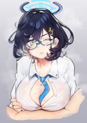 Rule 34 | 1boy, 1girl, absurdres, black hair, blue archive, blue necktie, breasts, chihiro (blue archive), cleavage, closed mouth, collared shirt, covered erect nipples, cum, cum on eyewear, ejaculation, frown, green eyes, hair ornament, hairclip, halo, hetero, highres, large breasts, looking at viewer, necktie, no bra, one eye closed, paizuri, partially unbuttoned, projectile cum, see-through, see-through shirt, semi-rimless eyewear, shirt, short hair, speed lines, steam, sweat, tananne, white shirt