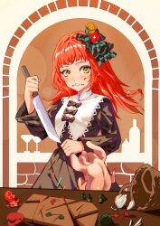Rule 34 | 1girl, basket, black bow, black dress, bottle, bow, broccoli, chicken (food), chili pepper, cup, cutting board, dress, drinking glass, eyeliner, eyeshadow, facial mark, fire emblem, fire emblem engage, food, gbbgb321, highres, holding, holding knife, knife, long hair, makeup, nintendo, onion, orange hair, panette (fire emblem), red eyeliner, short bangs, stitched mouth, stitches, tomato, wine bottle, wine glass, yellow eyes