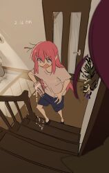 Rule 34 | 2girls, black shorts, black socks, blue eyes, blurry, blurry foreground, bocchi the rock!, casual, commentary request, cup, dog, door, drink, gotoh futari, gotoh hitori, highres, holding, holding cup, house, indoors, jimihen, kerorira, looking at object, multiple girls, one side up, open mouth, out of frame, pink hair, railing, shirt, short sleeves, shorts, socks, spilling, stairs, t-shirt, timestamp, v-shaped eyebrows, white shirt