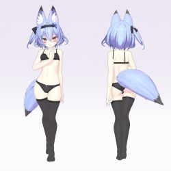 Rule 34 | 1girl, 3d, absurdres, animal ear fluff, animal ears, armadillon, ass, black bra, black legwear, black panties, blue hair, blush, bow, bow bra, bow panties, bra, breasts, contrapposto, finger to mouth, fox ears, fox girl, fox tail, full body, hair between eyes, hairband, highres, looking at viewer, navel, neck ribbon, original, panties, profile, ribbon, short hair, skindentation, small breasts, smile, solo, standing, tail, thigh gap, thighs, underwear, vrchat, yellow eyes, yuuko-zoku no onee-chan